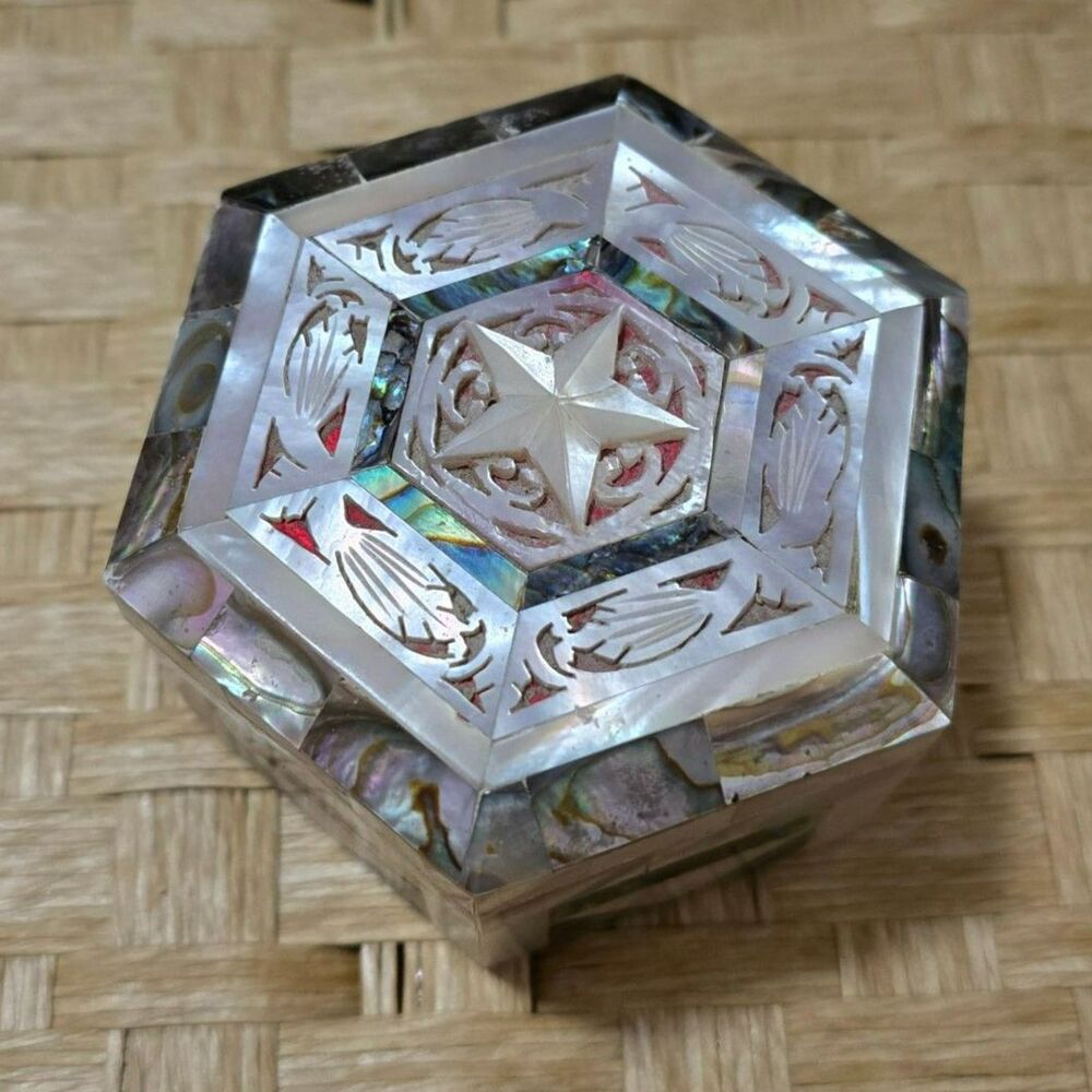 Vintagte Mother of Pearl Jewelry Box, Abalone Inlay, Hexagonal Trinket Box
